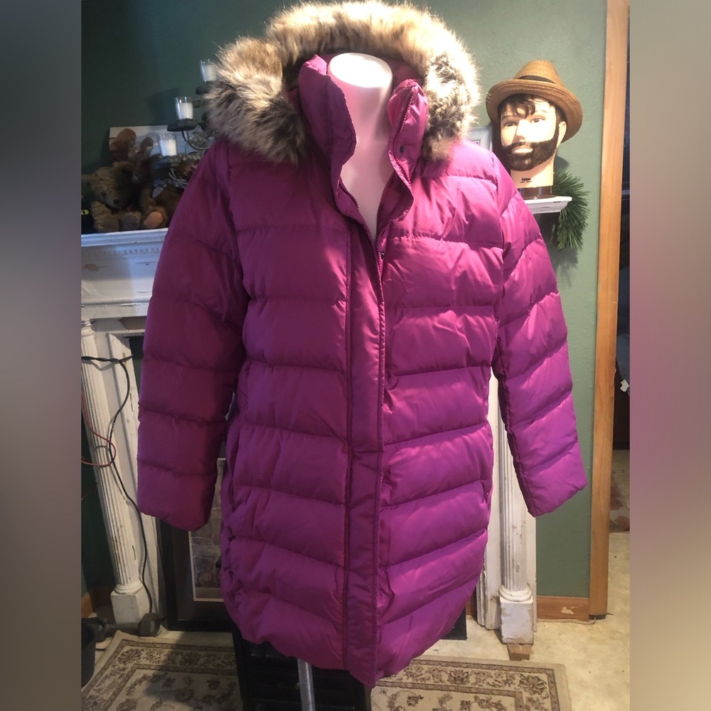 Lands' End Vibrant Magenta Puffer Coat with Faux Fur Trim